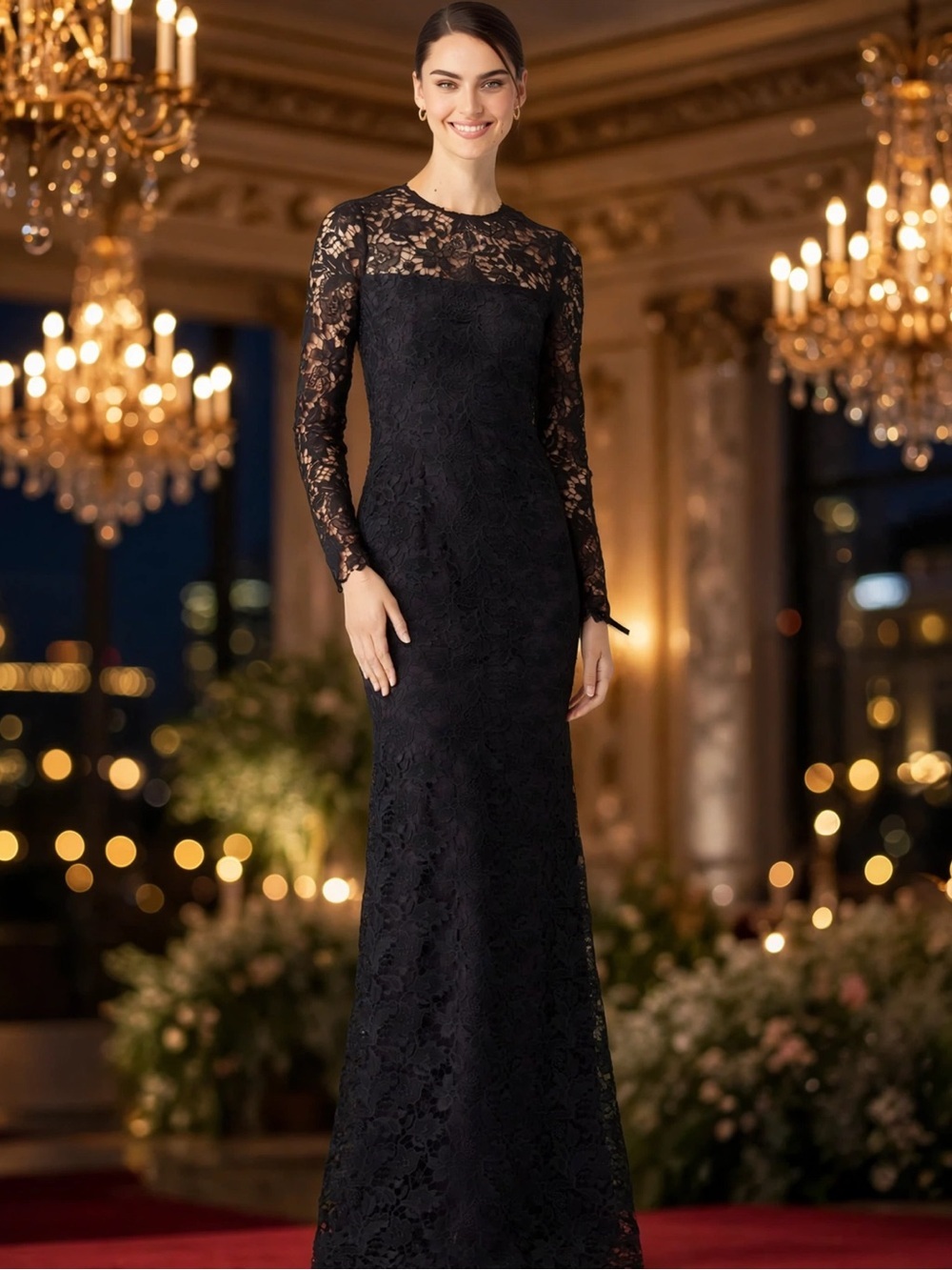 ML Monique Lhuillier Lace Tower Dress Sheer Back Lace Over purple underlay 4long